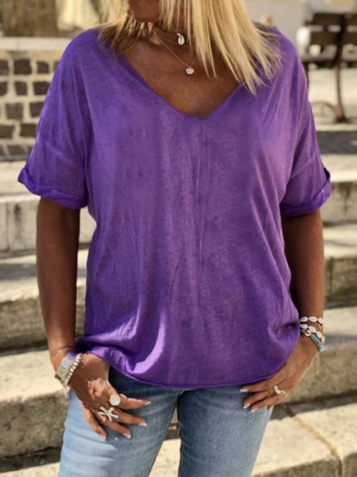 Plain Cotton-Blend V Neck Casual Shirts & Tops