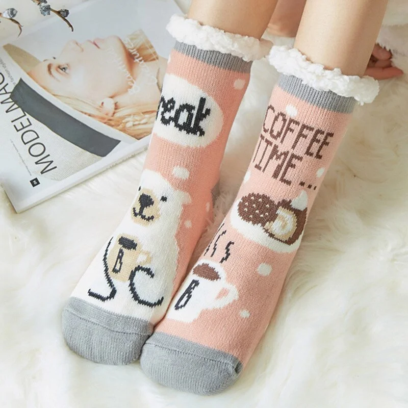 Women's Slippers for Home Warm Sock with Fur Short Plush Slippers Cartoon Bedroom Slippers Soft Indoor Shoes for Female