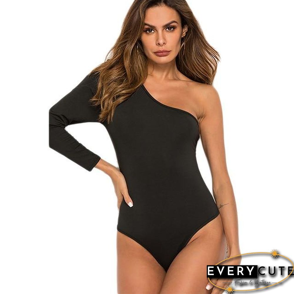 Bodysuit Female Sexy One Shoulder Long Sleeve Slim Bodycon Jumpsuits Solid Color Ladies Rompers Skinny Bodysuit P10265
