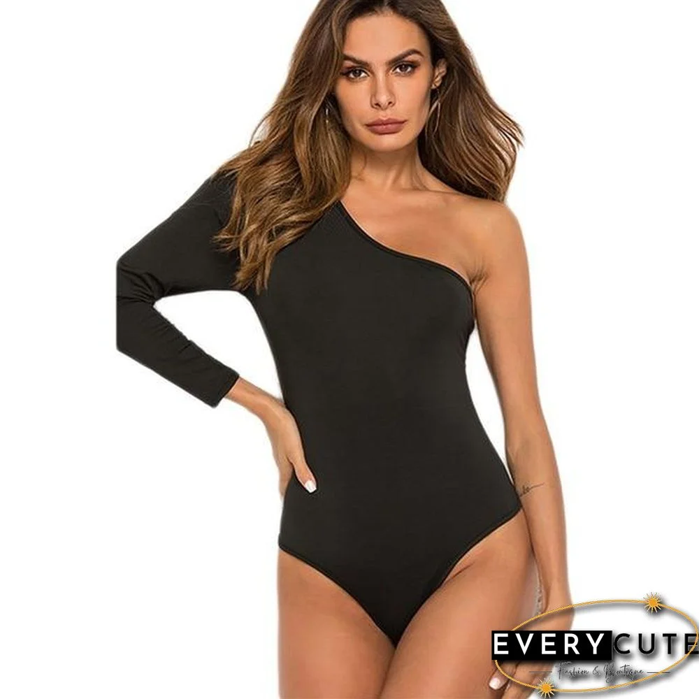 Bodysuit Female Sexy One Shoulder Long Sleeve Slim Bodycon Jumpsuits Solid Color Ladies Rompers Skinny Bodysuit P10265