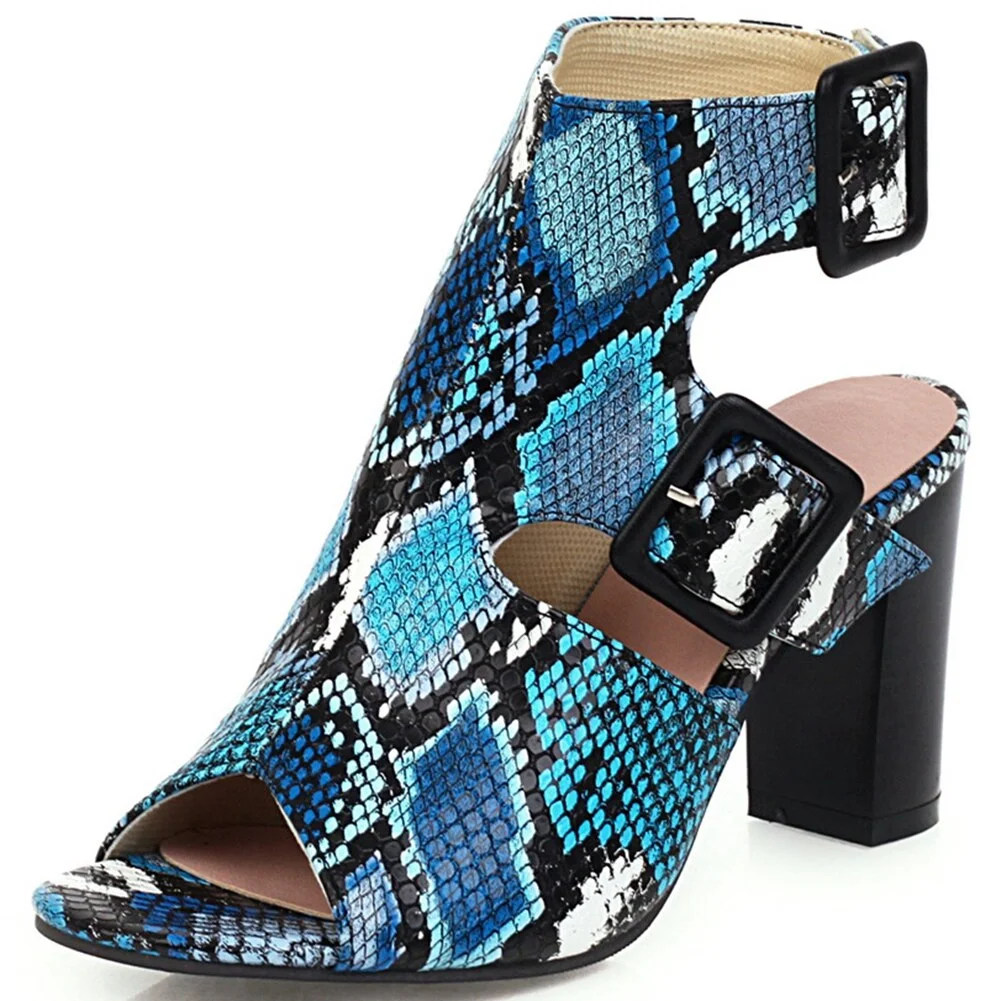 High Heels 2020 Party Wedding Woman Sandals Fashion Snake Printed Women's Summer Shoes Square Heels 8 Cm Buckle Strap Pumps