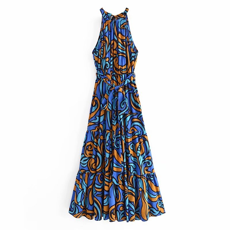 PUWD Casual Women O Neck Draw Back Dress 2021 Summer Fashion Ladies Beach Style Dress Female Digital Print Long Skirt