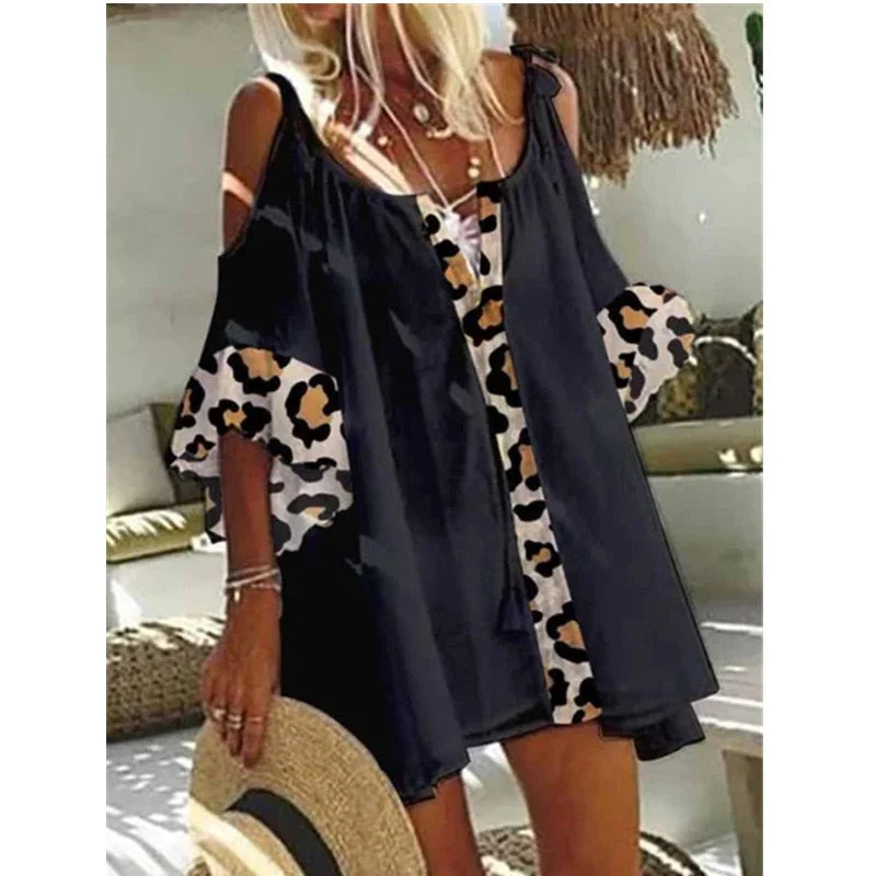 Women 2022 Loose Off Shoulder Boho Lace Vintage Ruffles Befree Leopard Dress Large Big Summer Party Beach Dresses Plus Sizes