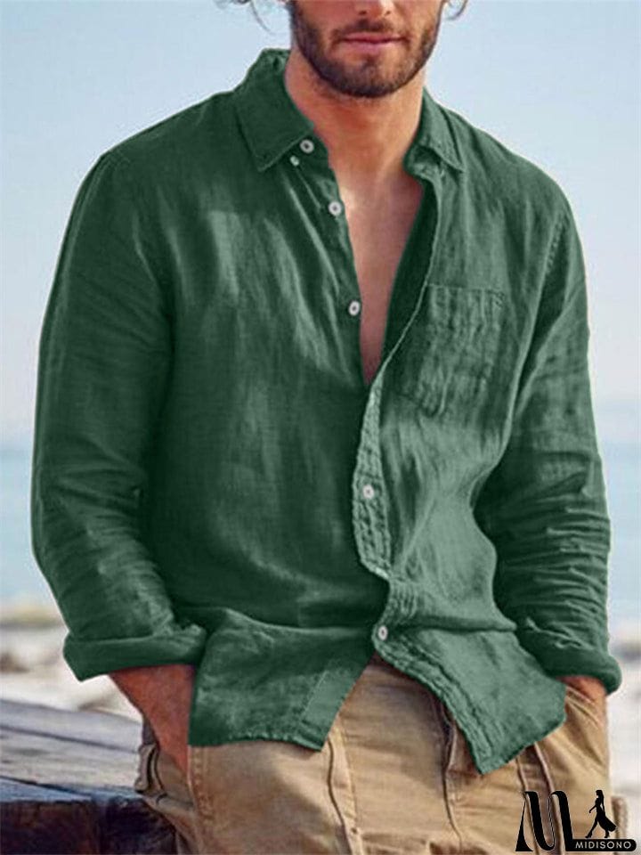 MidiSono - Men's Casual Plain Lapel Button Down Roll Up Sleeve Shirts