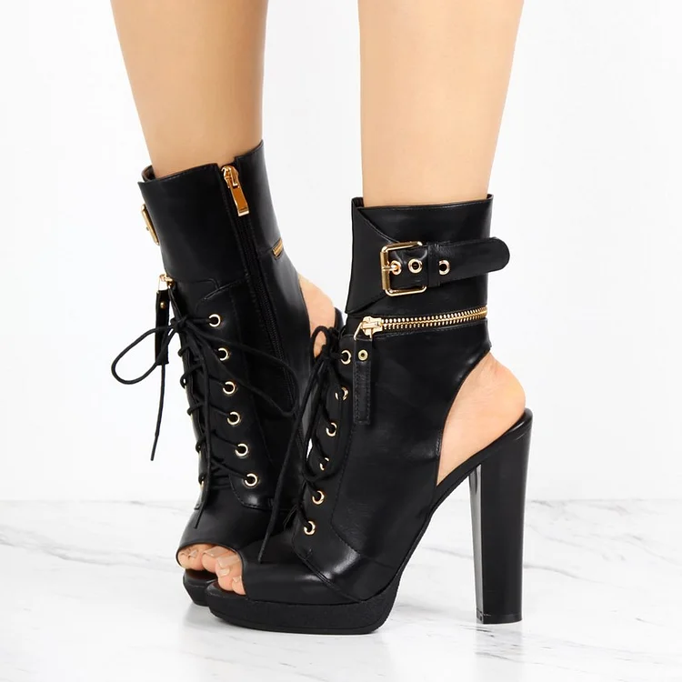 Black peep cheap toe platform booties