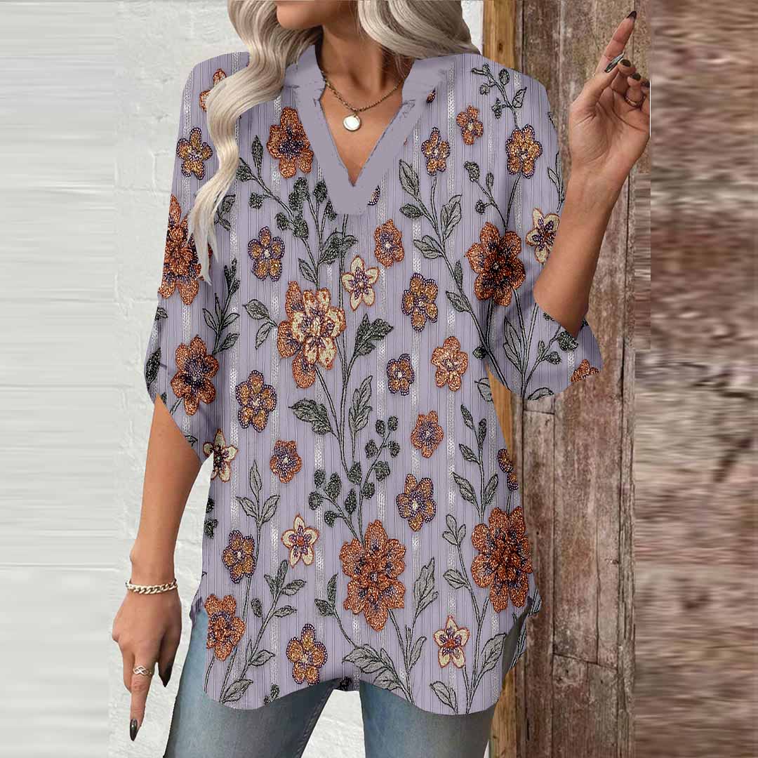 Women Floral, Shiny, Purple, Orange DZGA0180 3/4 Sleeve V-neck Printed Graphic Button Tops