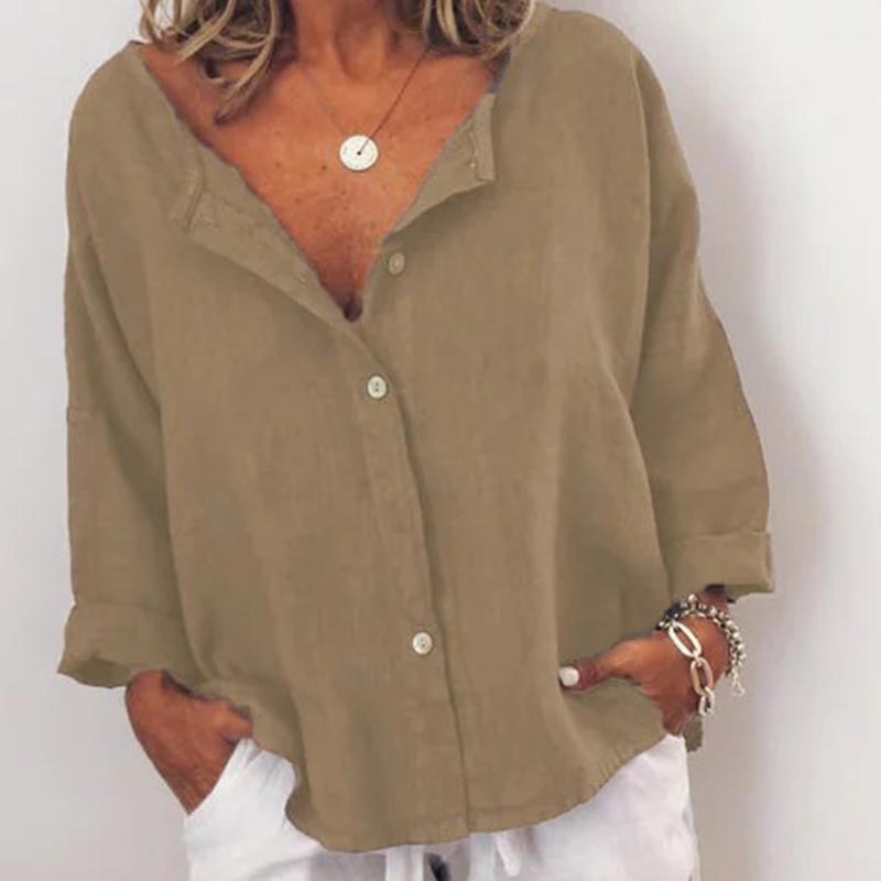 Women Vintage Long Sleeve Linen Loose Blouse Elegant Office Lady Casual Solid Button Shirts Streetwear Tops Tunic