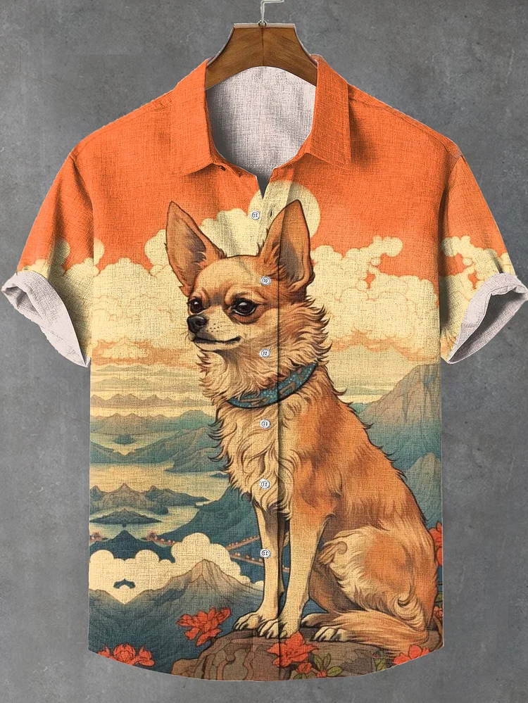 Men's Retro Ukiyo-e Sunset Chihuahua Print Linen Blend Shirt