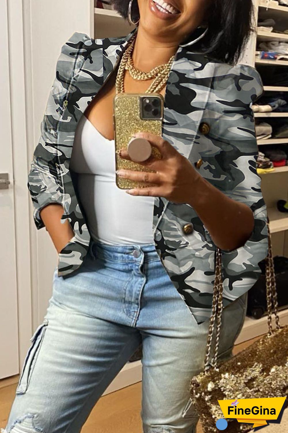 White Casual Print Patchwork Buttons Turn-back Collar Outerwear