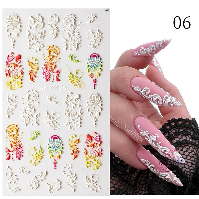 1PC French 5D Nail Sticker Embossed Flower Bubble Pattern Self-Adhesive Slider Wedding Design Nails Decals Nail Art Decoration-Nail Inspo