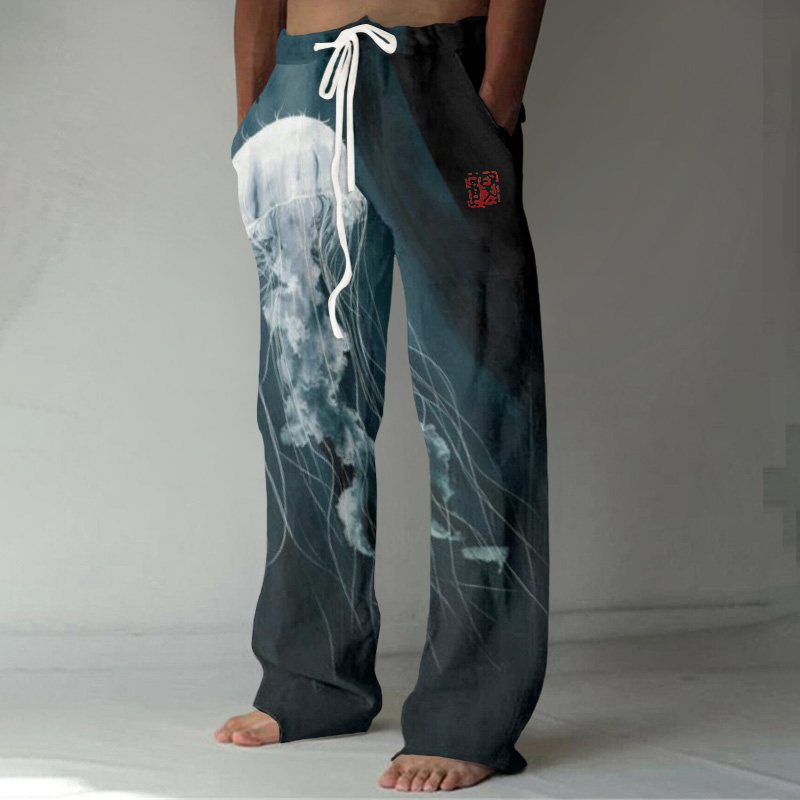 Japanese Art Jellyfish Print Casual Linen Blend Pants wearshes