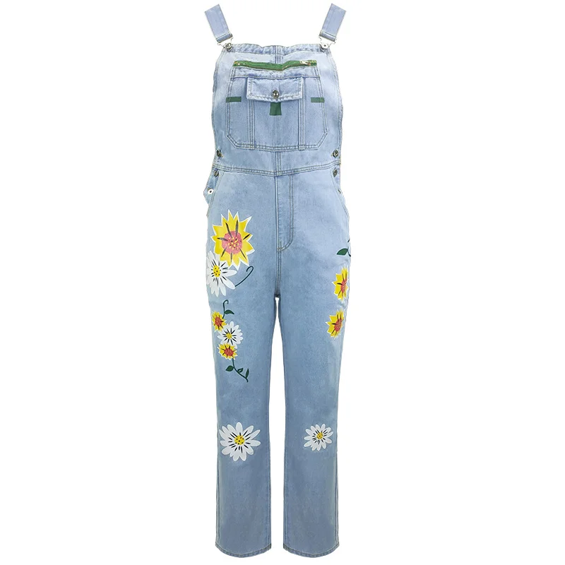 Women's Sunflower Printing Suspenders Denim Jumpsuit Overalls