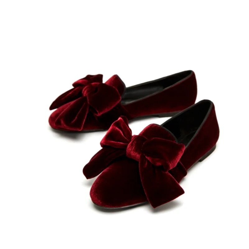 VCSHOES Big Bowtie Claret-Red Velvet Loafer Shoes Butterfly Knot Flats Shoes Woman Single Shoes