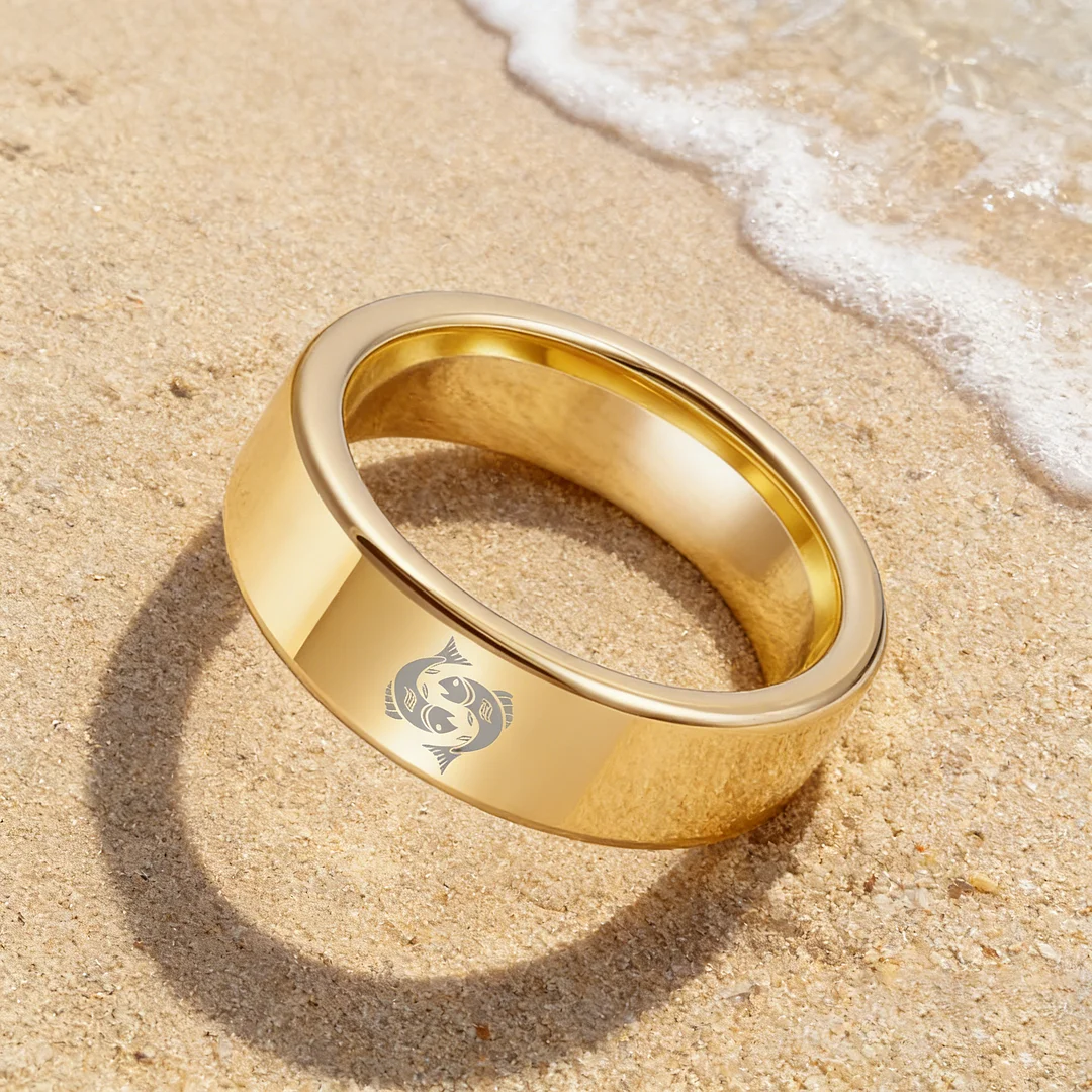 Pisces Tungsten Carbide Ring Gold Flat Wedding Bands Comfort Fit Mens and Womens 4MM 6MM 8MM