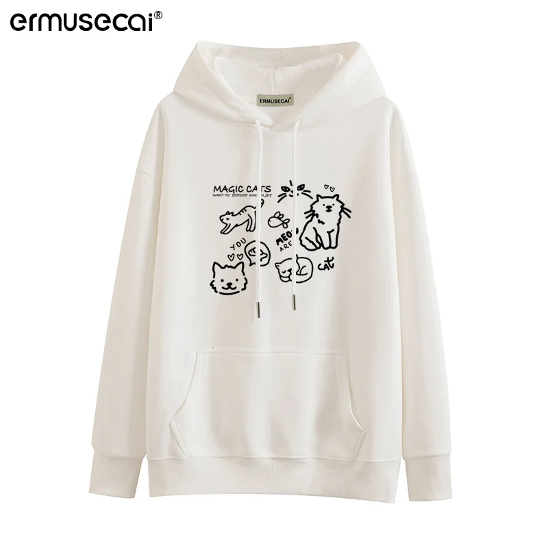 Athvotar Athvotar Cotton Cotton Composite Milk Silk 350G) Autumn And Winter New Cat Print Loose Hooded Sweater