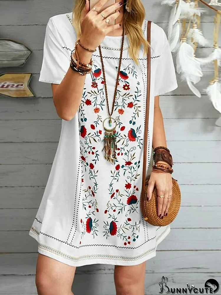 Floral Print Short Sleeve Crew Neck Dress