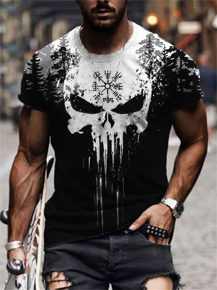 VChics Men's Viking Vegvisir Skull Dark Forest Contrast T Shirt