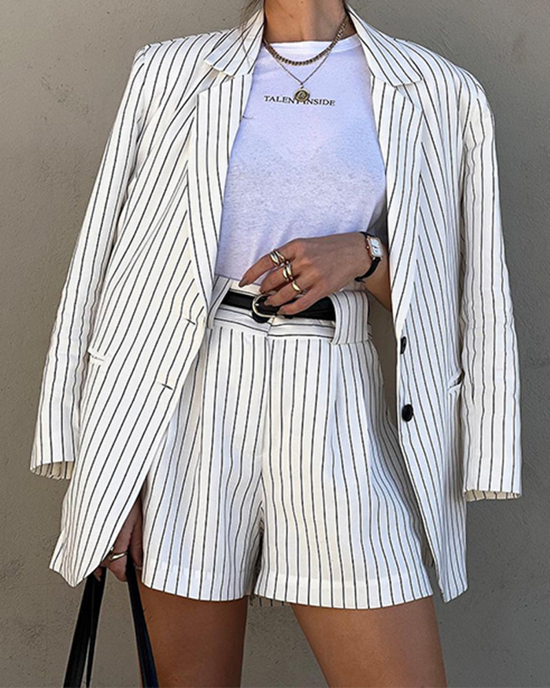 Pinstripe Long Sleeve Blazer & Side Pockets Shorts Set