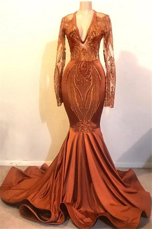 Long Sleeves V-Neck Prom Dress Mermaid Long Evening Gown - lulusllly