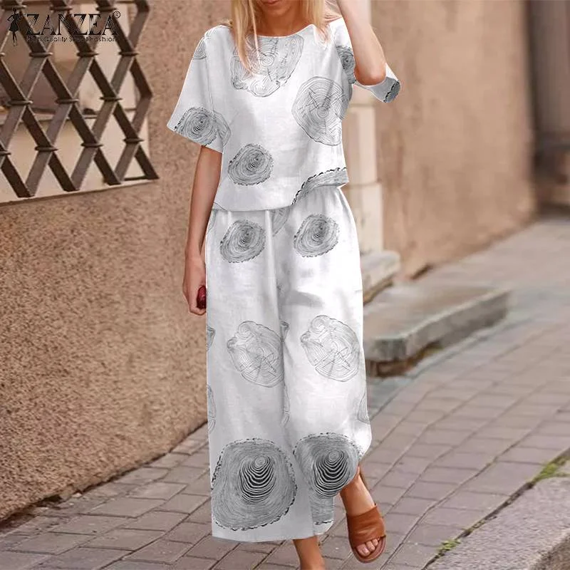 2022 Summer Floral Wide Leg Tracksuits Female Women Casual Cotton Matching Sets ZANZEA Bohemian Printed Short Sleeve Pant Sets