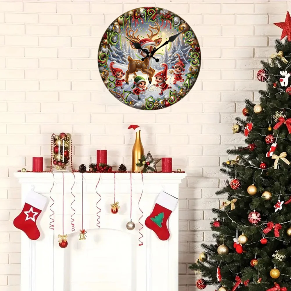5D DIY Christmas Deer Diamond Painting Clock Kits Diamond Art Wall Clock Decor