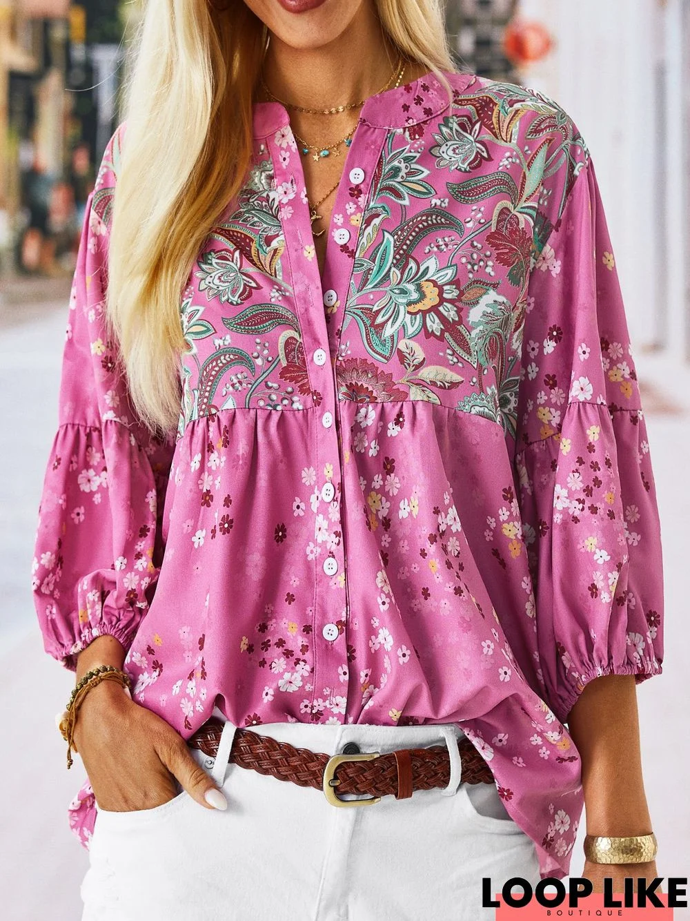 Casual Floral V neck Mid Sleeve Loosen Blouse