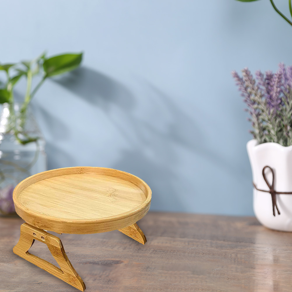 Round Bamboo Wood Tray Foldable Portable Sofa Armrest Breakfast Tea Table