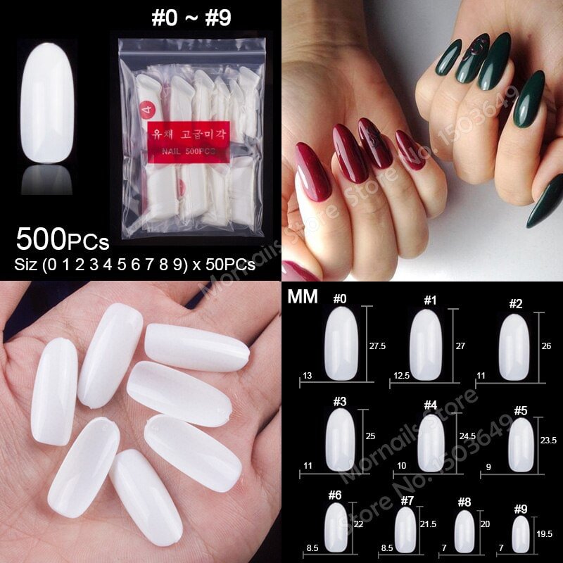 TKGOES 250 Pieces Same Size, 500 Pieces 10 Sizes Acrylic Oval Nail Tips False Nails Clear Full Cover Fake Nail Art Tips French