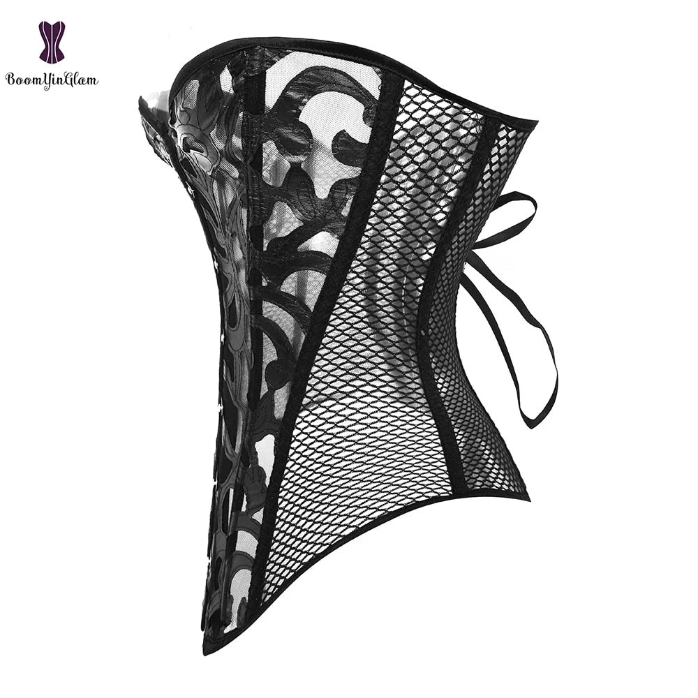 Black Women's Breathable Shapwear Costumes Sexy Transparent Mesh Corselet Hollow Out Corset Bustier Top With G String 930#