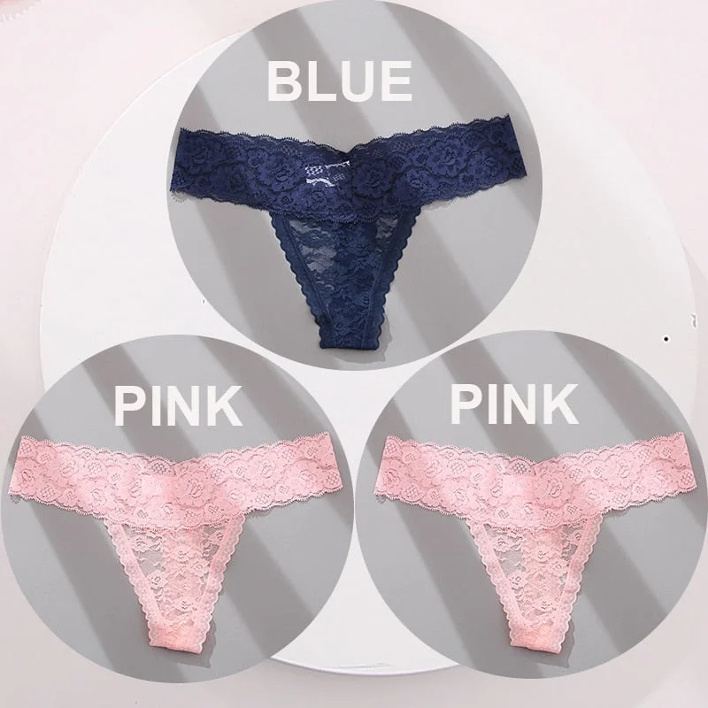 FINETOO 3PCS/Set M-XL G-string Thong Panties for Woman Sexy Lace Floral Underwear Transparent Women's Underpants Female Lingerie