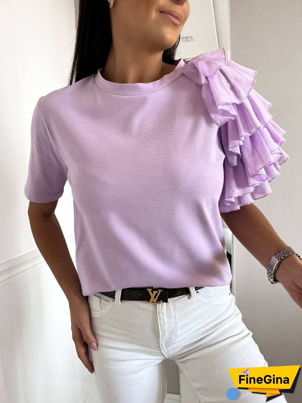 Women'S T-Shirts Solid Simple Ruffle Short Sleeve T-Shirt