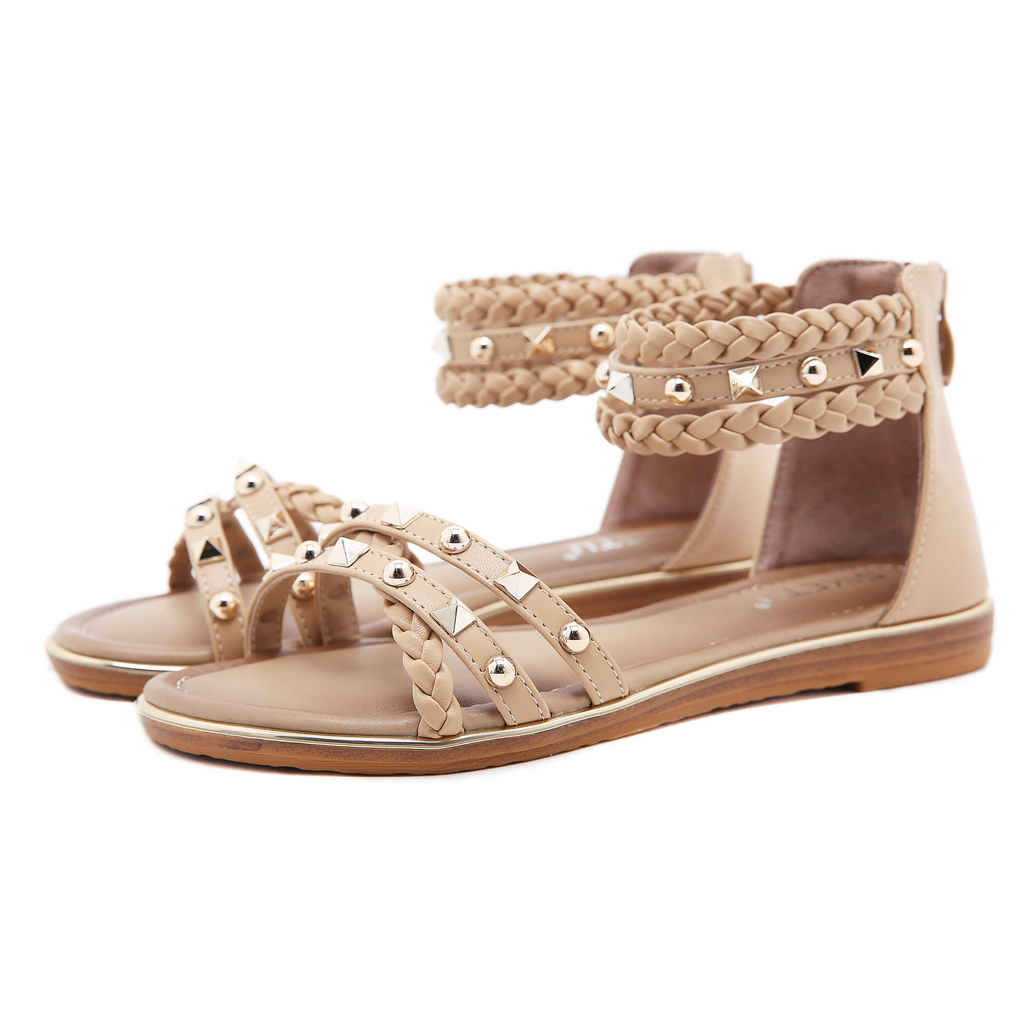 Stud Braided Ankle-Strap Sandals