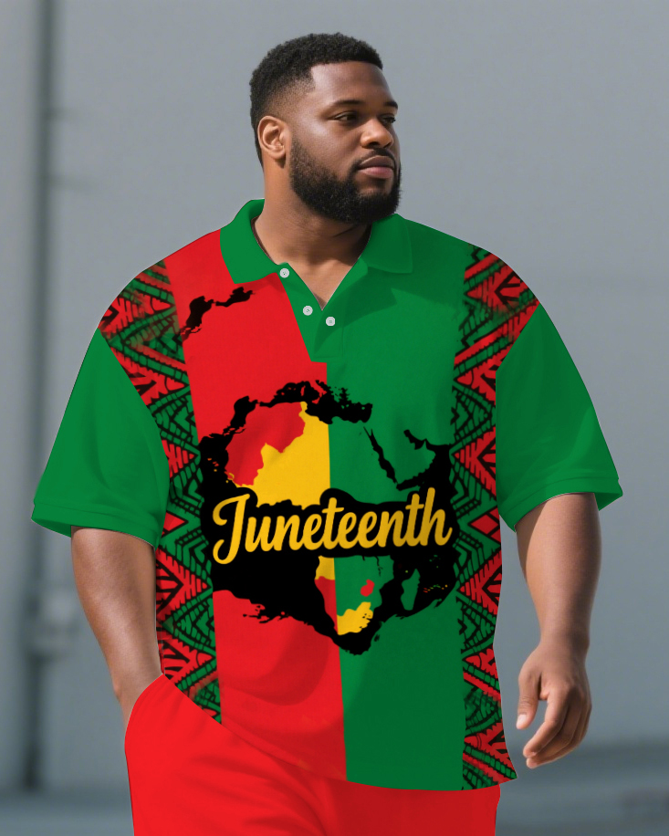 Men's Big & Tall Map Style Juneteenth Theme Festival Short Sleeve Polo Shirt Shorts Suit