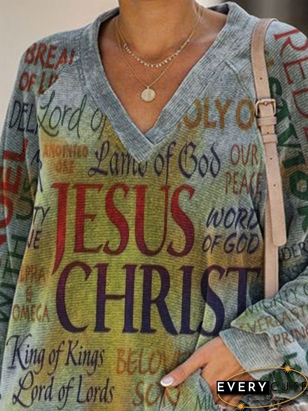 Vintage Letters Jesus Printed V Neck Long Sleeves Plus Size Casual Sweatshirts