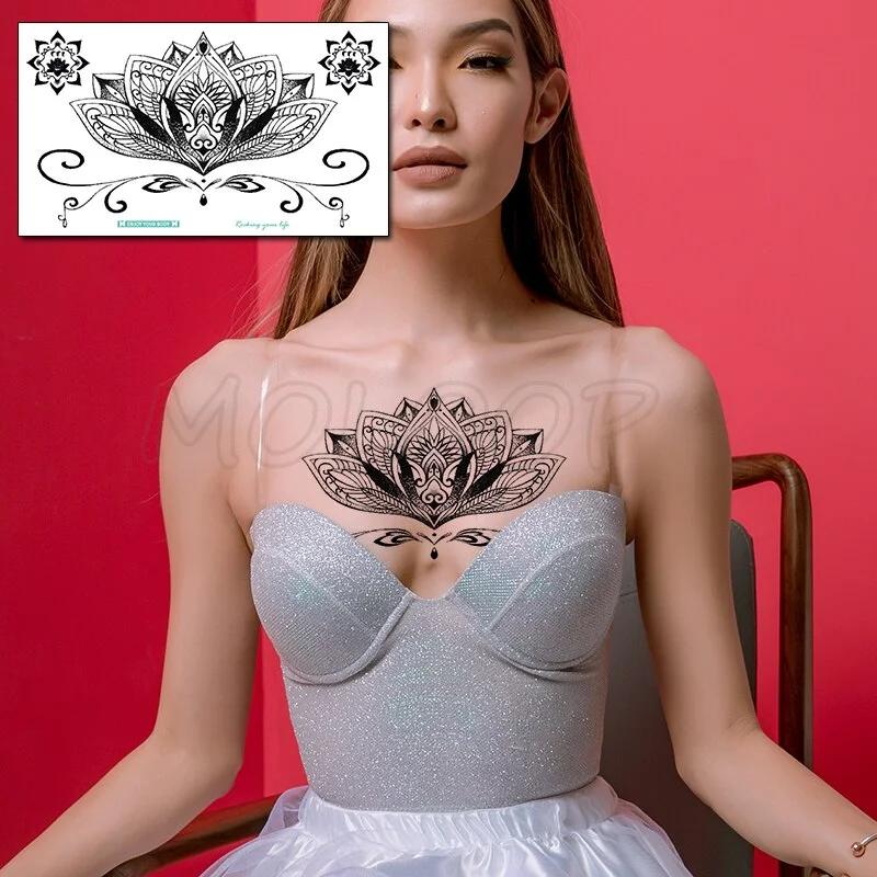 Temporary Chest Hanna Tattoo Sticker Datura Flower Dot Diamond Fake Tatoo Flash Tatto Waterproof for Women Men Big Body Art