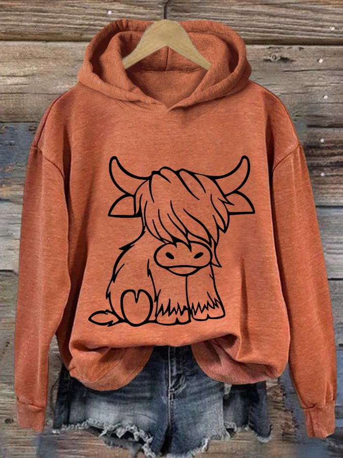 Women'S Western Highland Cow Print Casual Hoodie