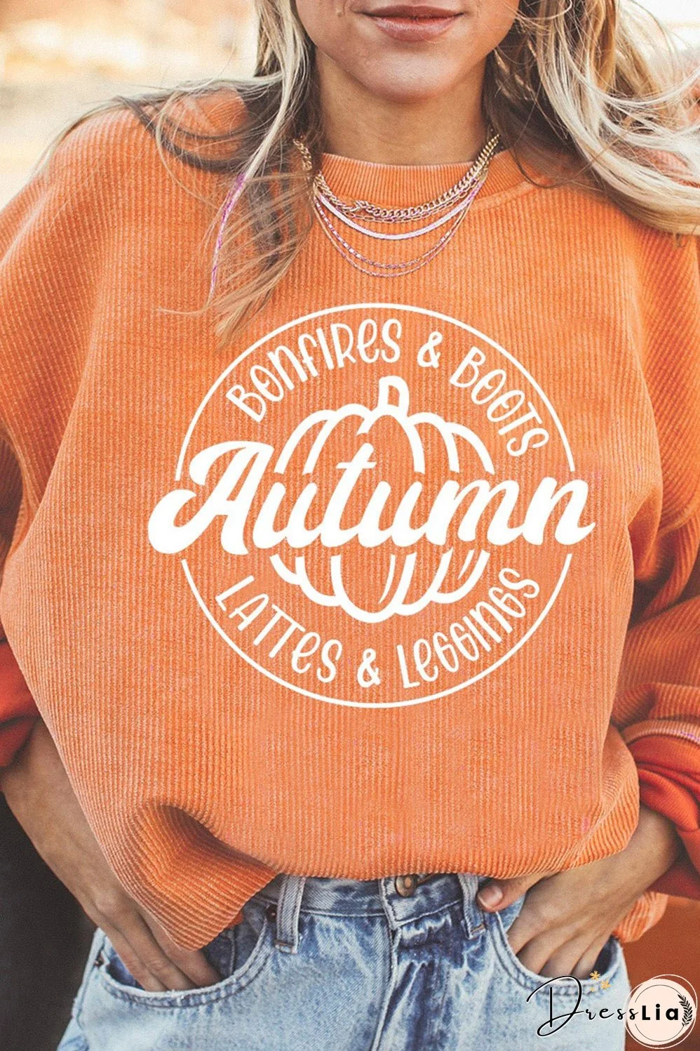 Orange Autumn Pumpkin Graphic Print Corded Oversized Sweatshirt