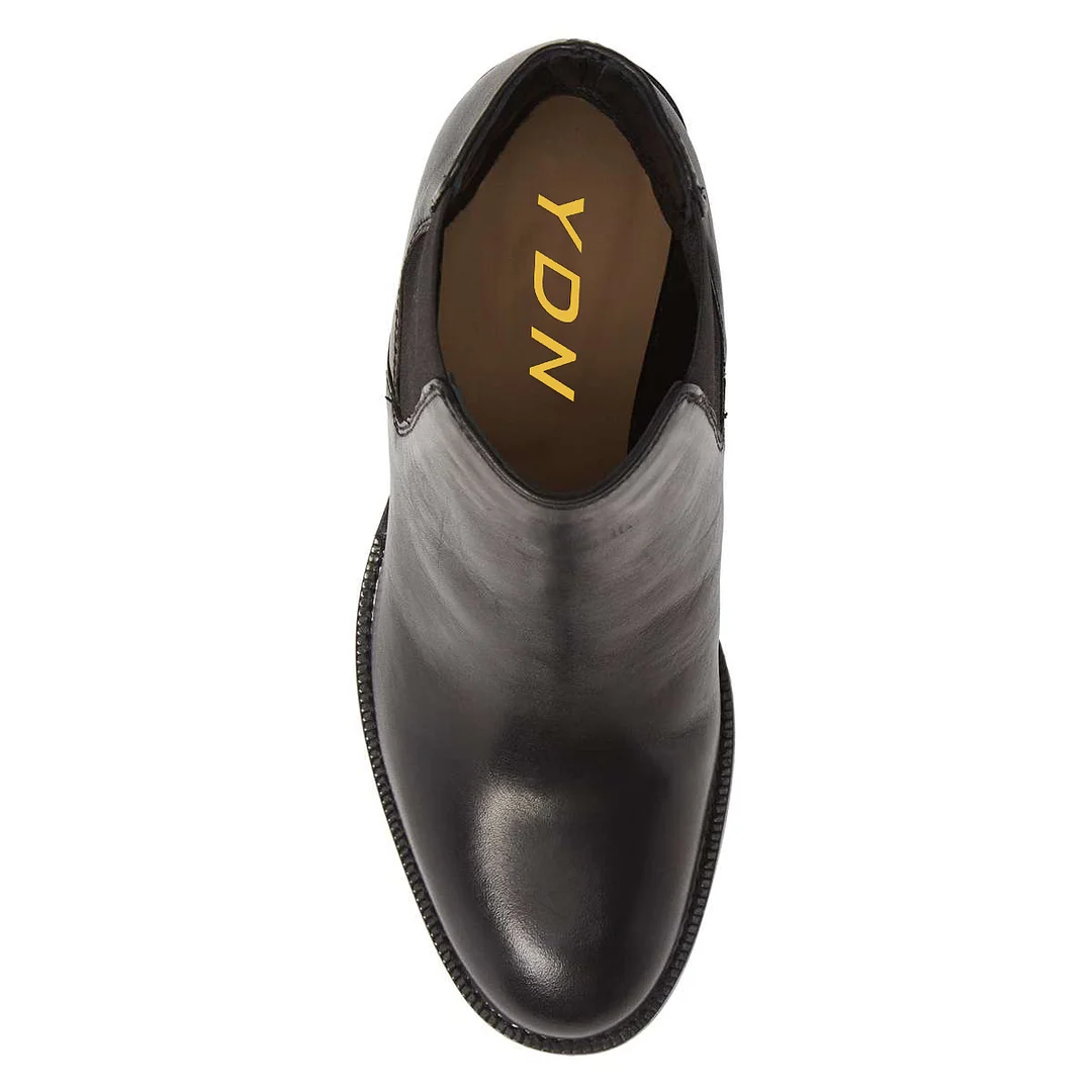 Black Vegan Leather Round Toe Pull-On Ankle Boots with Block Heel