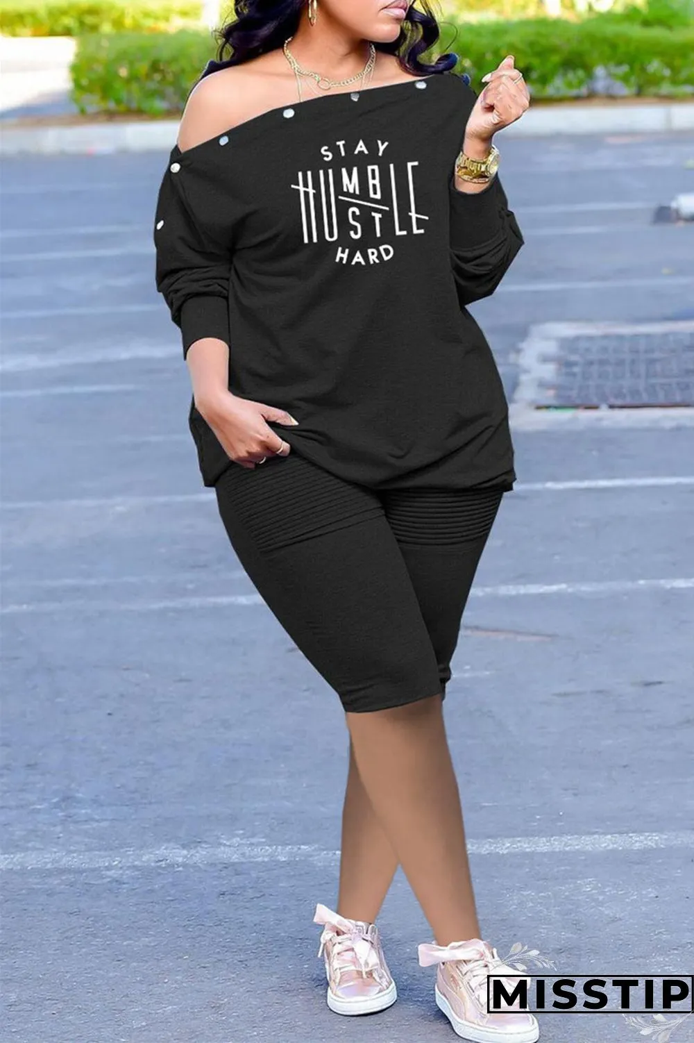 Grey Fashion Casual Print Basic Oblique Collar Long Sleeve Two Pieces