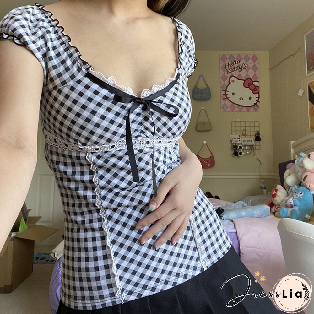Kawaii Plaid T-Shirts Lace Crop Top Short Sleeve Slim Tees Y2k Fairycore Grunge Harajuku