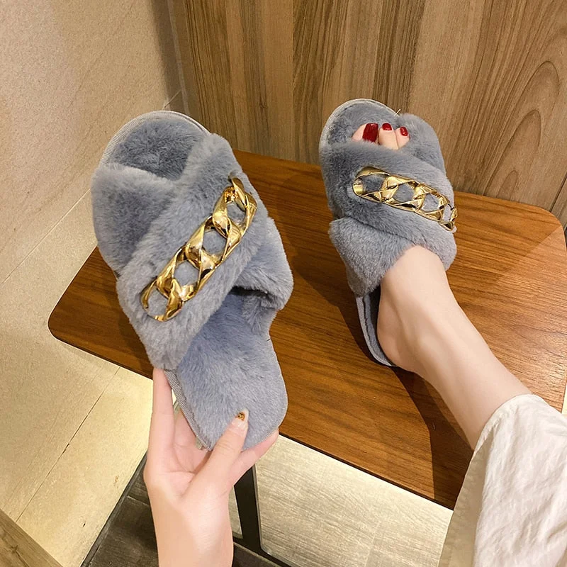 Indoor Women Fur Slippers Fluffy Soft Furry Slides Thick Flats Heel Non Slip House Shoes Ladies Luxury Chain Design Footwear
