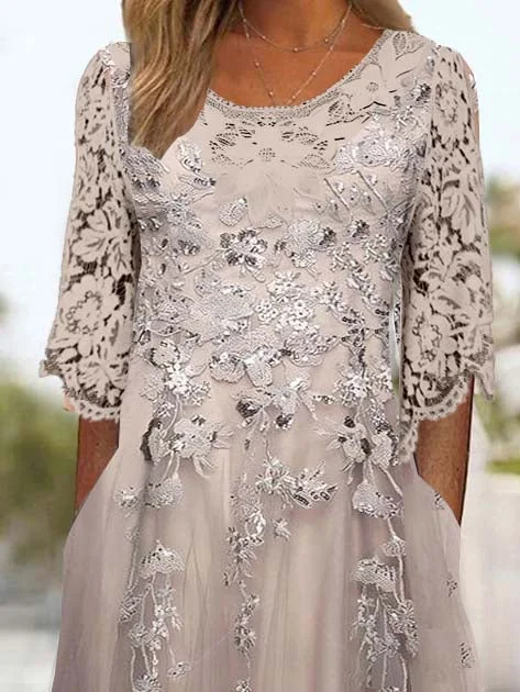 Women's 3/4 Sleeve Scoop Neck Floral Printed Lace Stitching Midi Dress