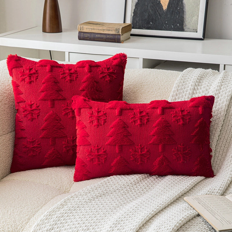 Christmas Pillow Case Plush Snowflake Christmas Tree Embroidered Hair Living Room Sofa Cushion Holiday Party Decorative Pillow Case