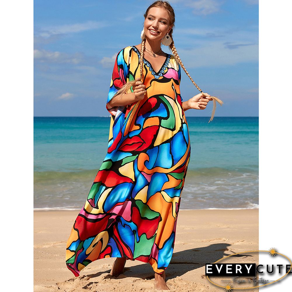 Multicolor Graffiti Loose Beach Kimono Dress