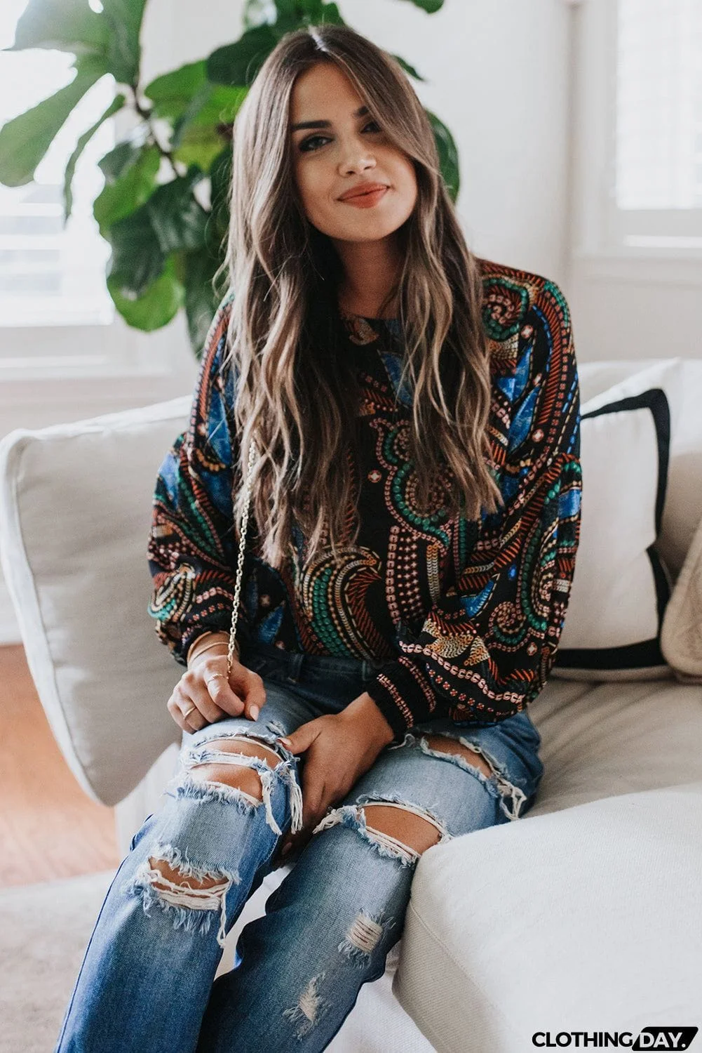 Printed Lantern Sleeve Top