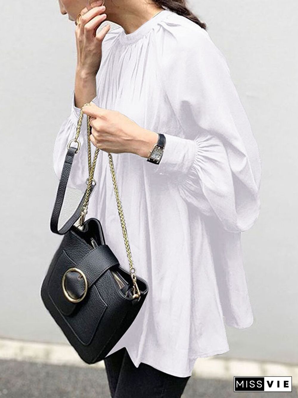 Solid Color Puff Sleeve Stand Collar Blouse