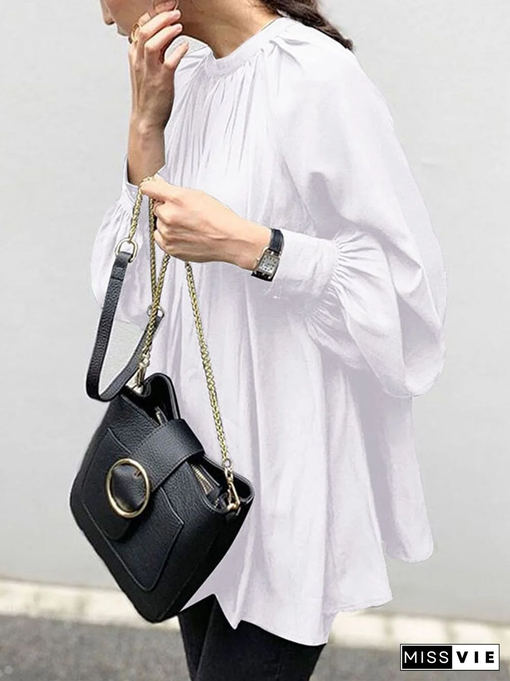 Solid Color Puff Sleeve Stand Collar Blouse