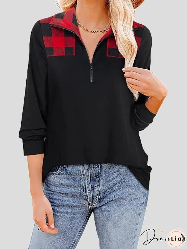 T-Shirts Zip Lapel Check Print Long Sleeve T-Shirt for Women