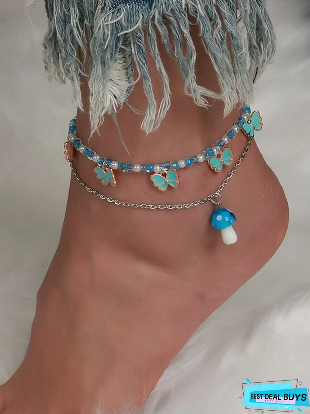 2Pcs Boho Style Beaded Butterfly Mushroom Fun Pattern Multilayer Anklet Beach Vacation Jewelry