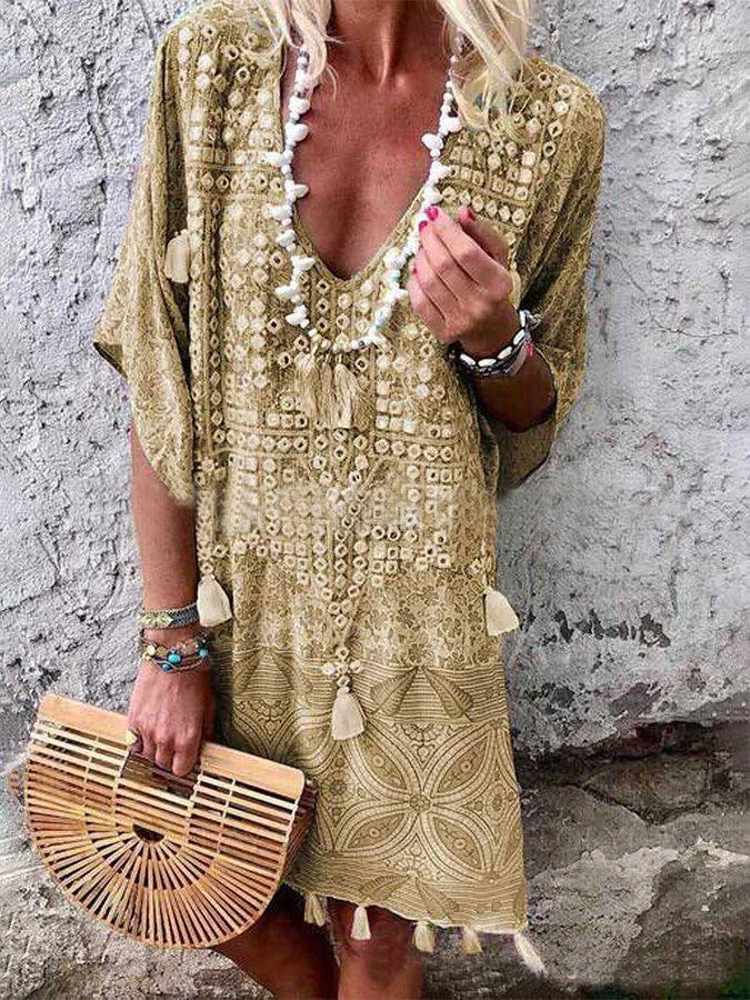 Uveng Bohemian Sexy V-neck Printed Tassel Dresses